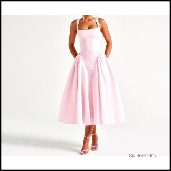 Long Gingham Corset Sundress Square Neck Lace Up Backless A Line Casual - Picture 3 of 7